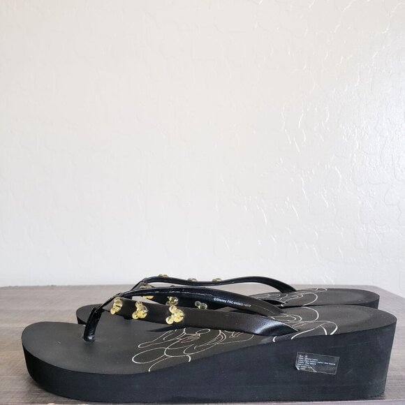 Disney Mickey Mouse Gem Flip Flop Wedge Sandals Black Sz Women's 10 Faux Leather - Picture 3 of 10